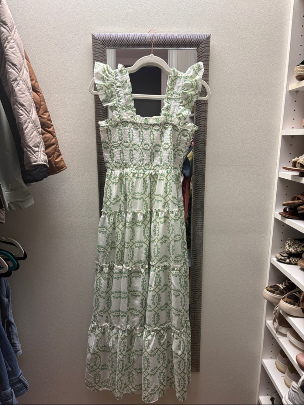 J.Marie Green Patterned Ruffle-Strap Maxi Dress